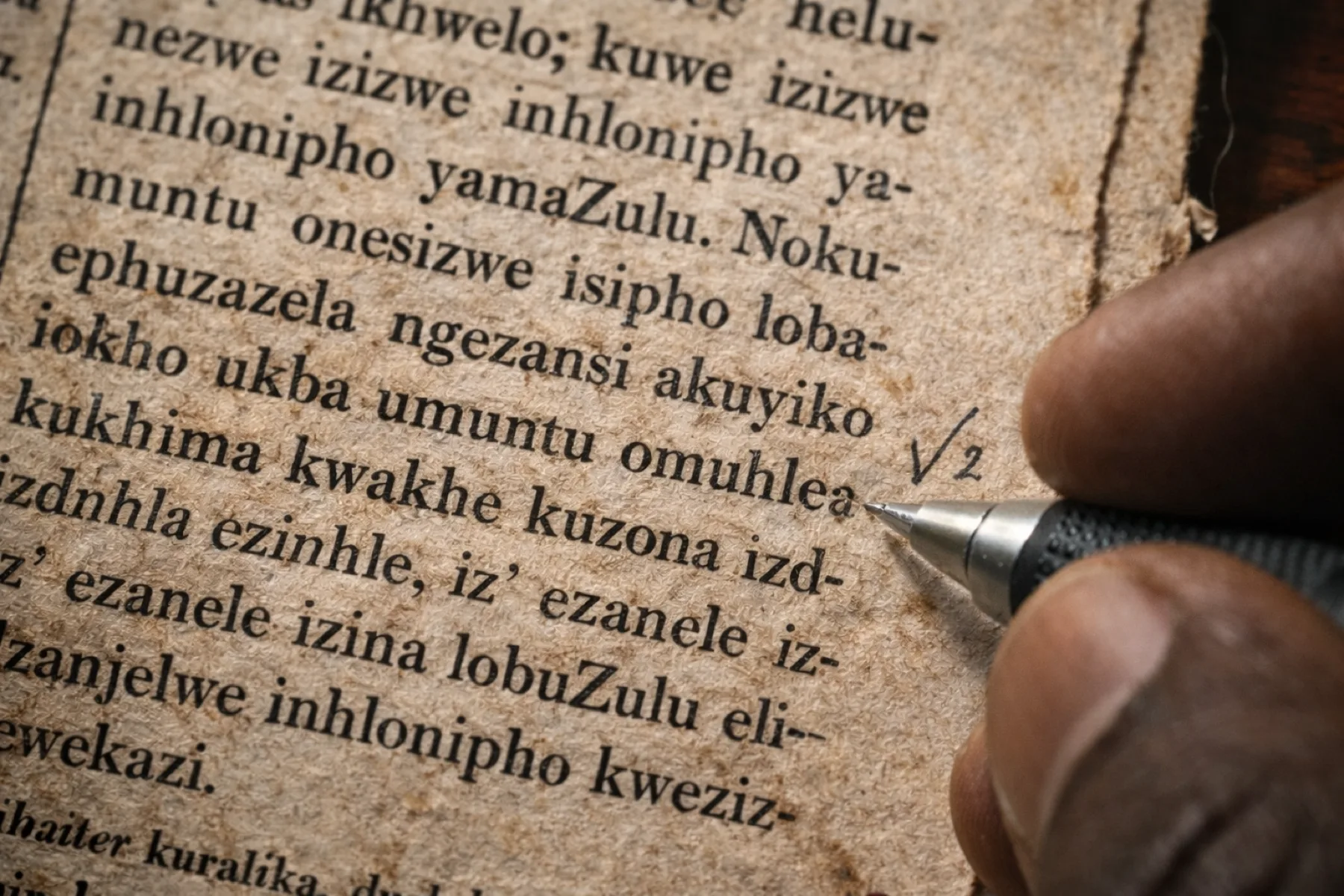 Close-up of 19th-century indigenous-language newspaper column with researcher's hand making a marginal annotation