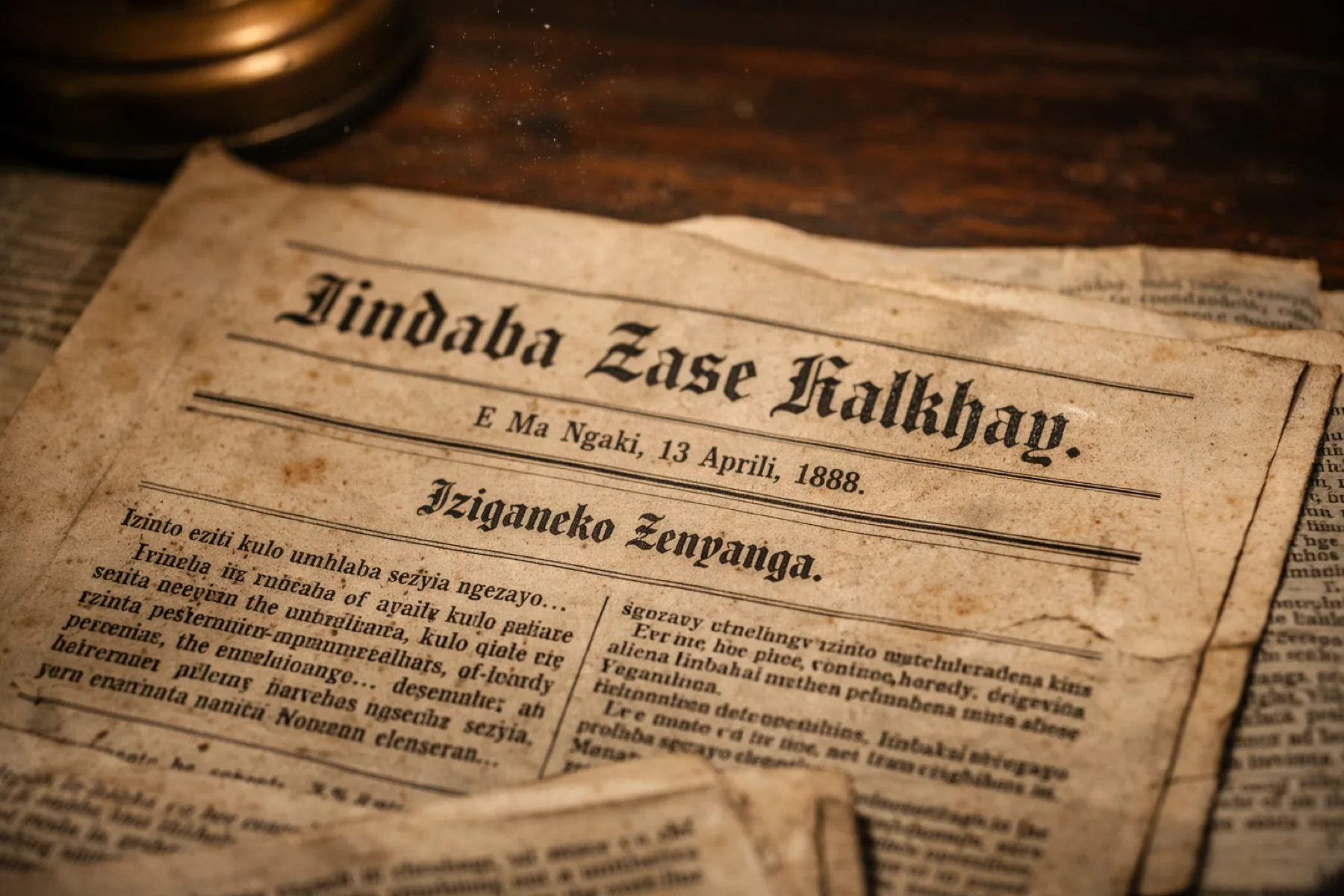 Close-up of aged 19th-century South African newspaper pages with visible indigenous-language text