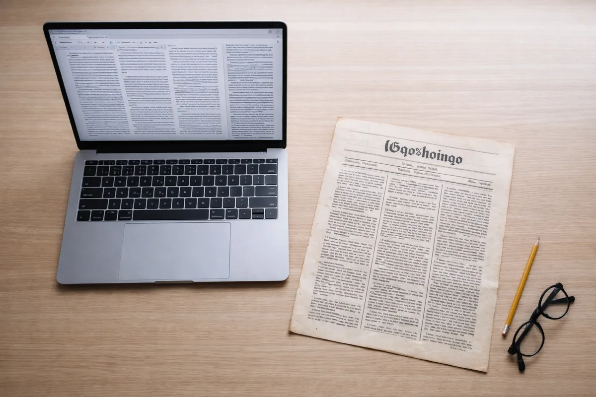 Overhead view of a scholarly research desk with laptop and archival newspaper page