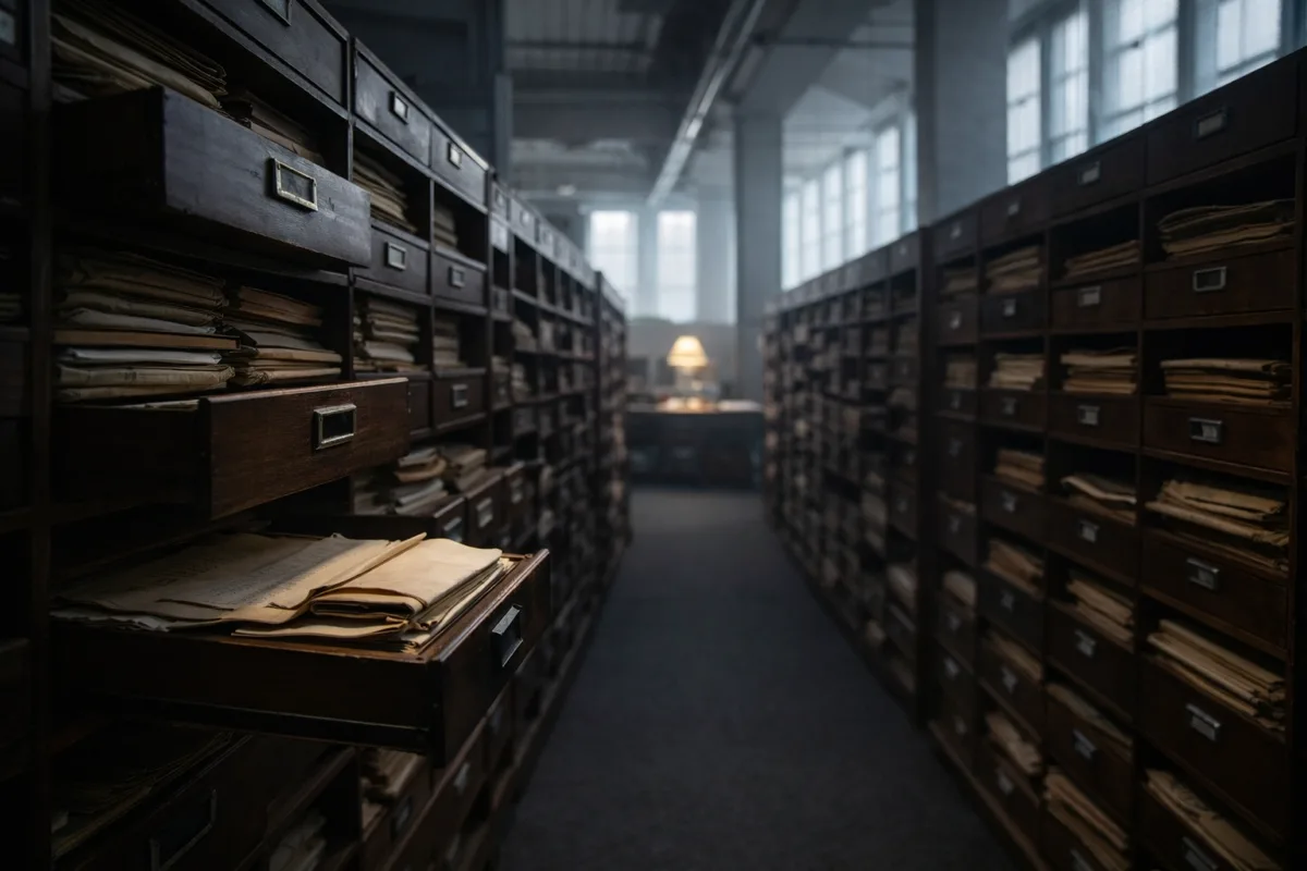 Interior of a research library archive with wooden shelving and document folders